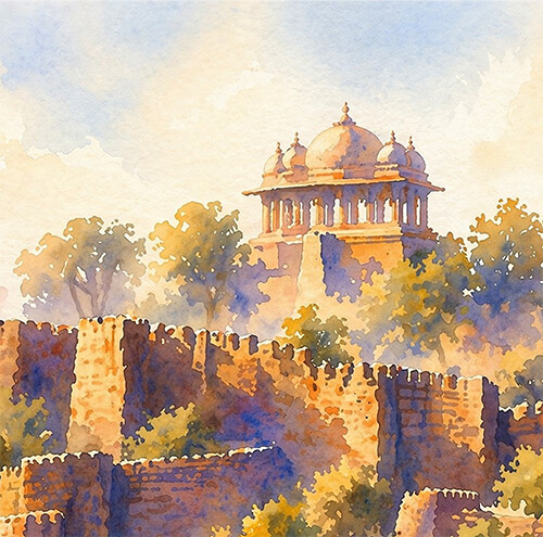 Watercolour painting of a Rajasthani fort with warm golden walls and a domed pavilion