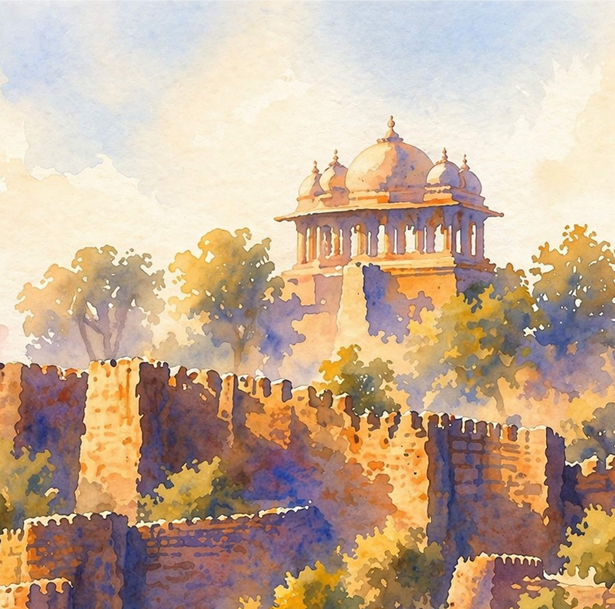 Watercolour painting of a Rajasthani fort with warm golden walls and a domed pavilion